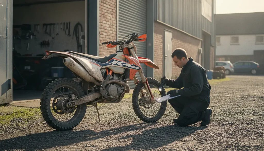 Moto enduro KTM d'occasion examinée par un mécanicien avant une reprise chez un concessionnaire
