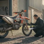 Moto enduro KTM d'occasion examinée par un mécanicien avant une reprise chez un concessionnaire
