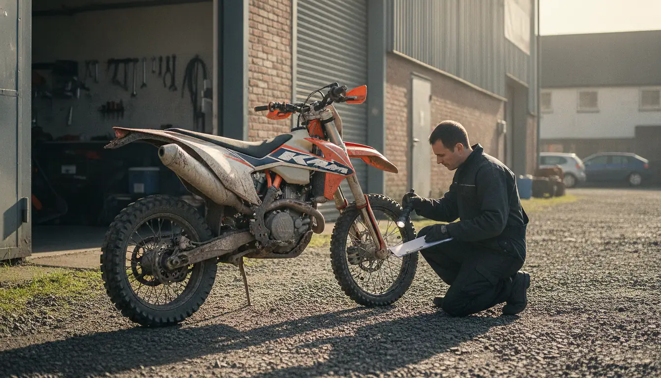 Moto enduro KTM d'occasion examinée par un mécanicien avant une reprise chez un concessionnaire
