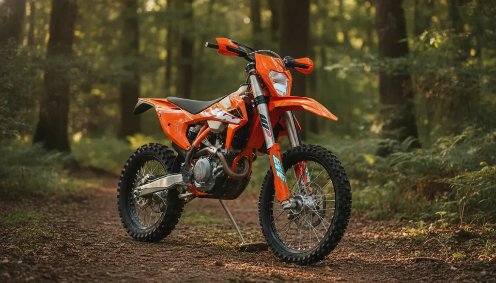 Moto enduro KTM orange neuve garée sur un chemin de terre en forêt