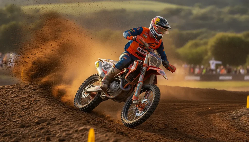 Pilote en action sur une moto cross KTM SX orange sur circuit de motocross, projection de terre, lumière naturelle