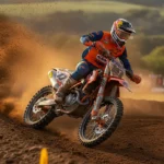 Pilote en action sur une moto cross KTM SX orange sur circuit de motocross, projection de terre, lumière naturelle