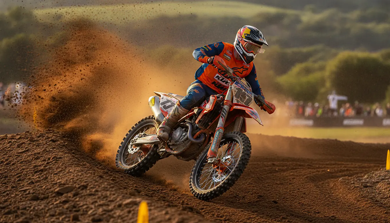 Pilote en action sur une moto cross KTM SX orange sur circuit de motocross, projection de terre, lumière naturelle