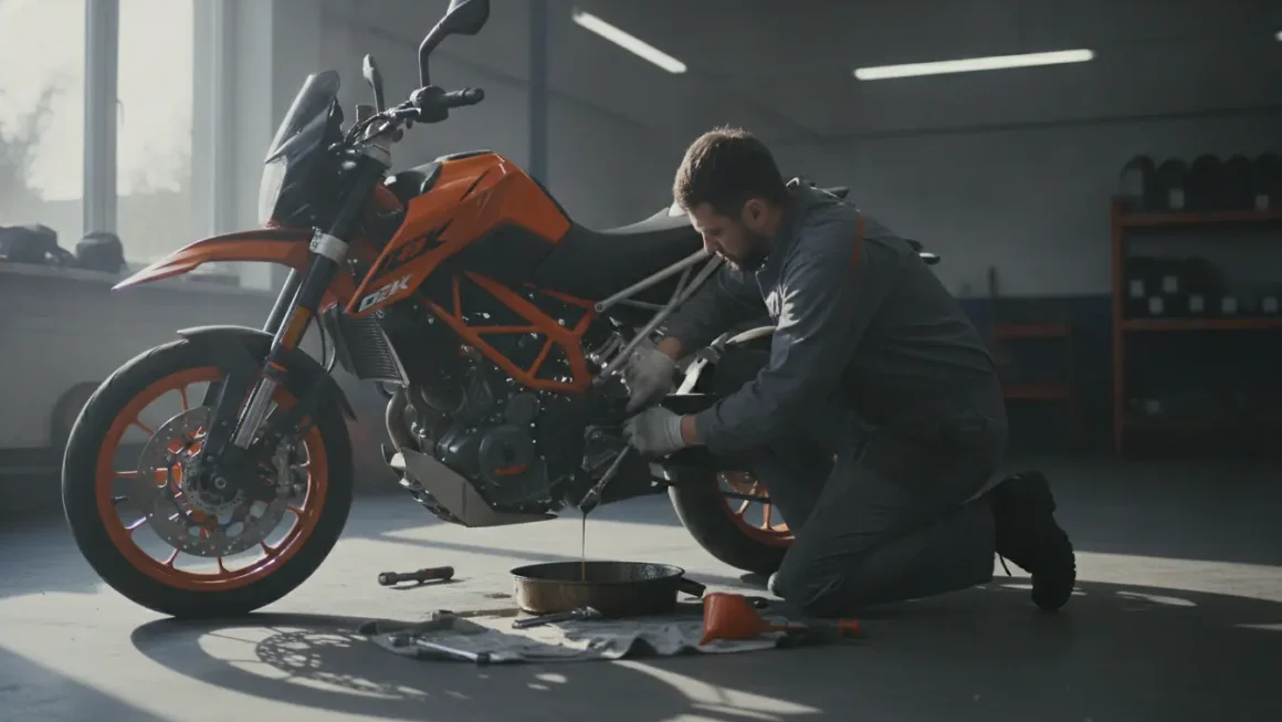 Mécanicien effectuant une vidange huile sur une KTM Duke dans un atelier moto professionnel