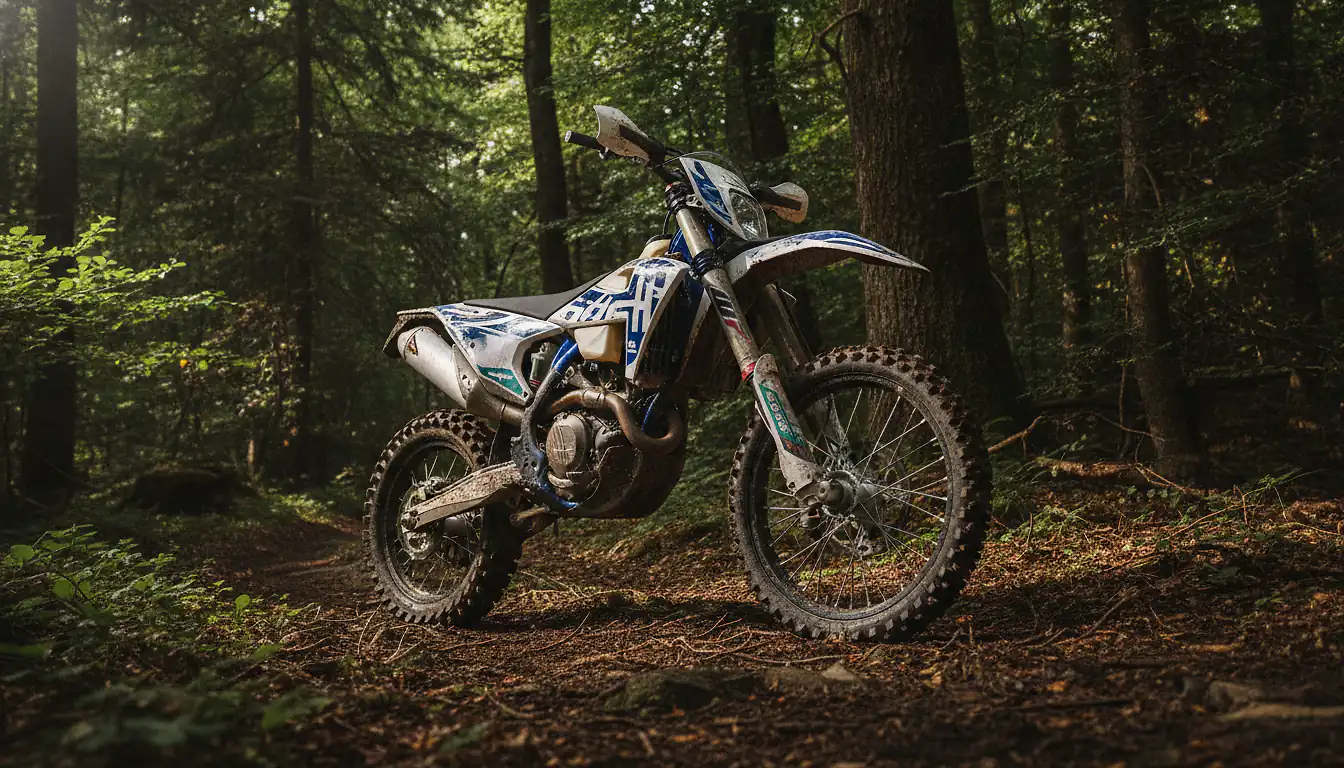 Husqvarna TE 300 blanche et bleue sur un sentier forestier d'enduro, vue trois-quarts avant