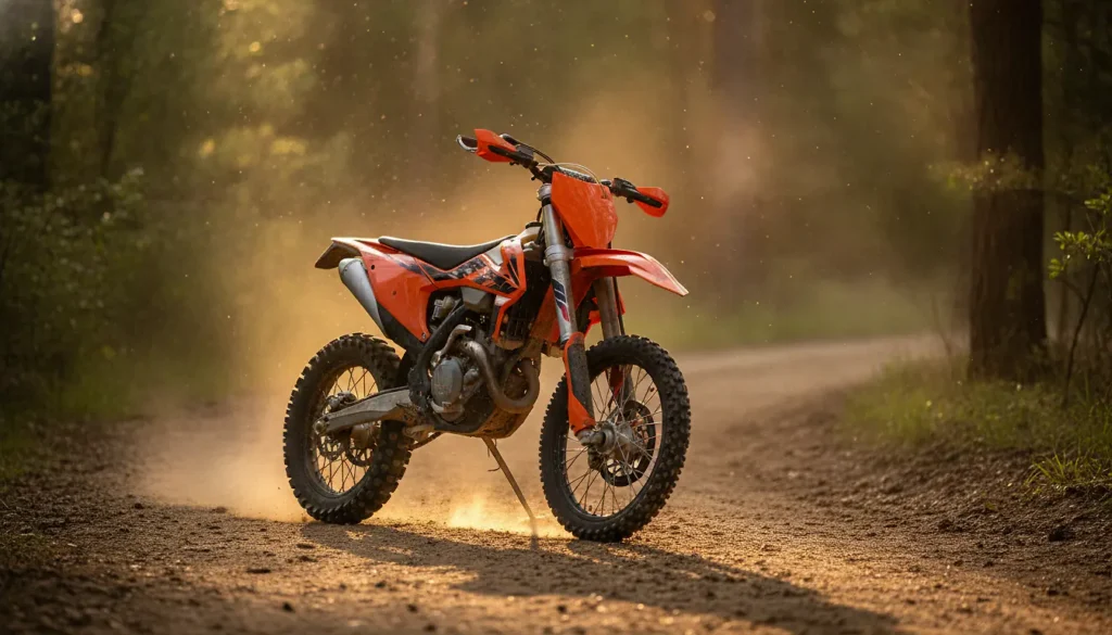 KTM 125 EXC deux temps sur un chemin forestier au coucher du soleil