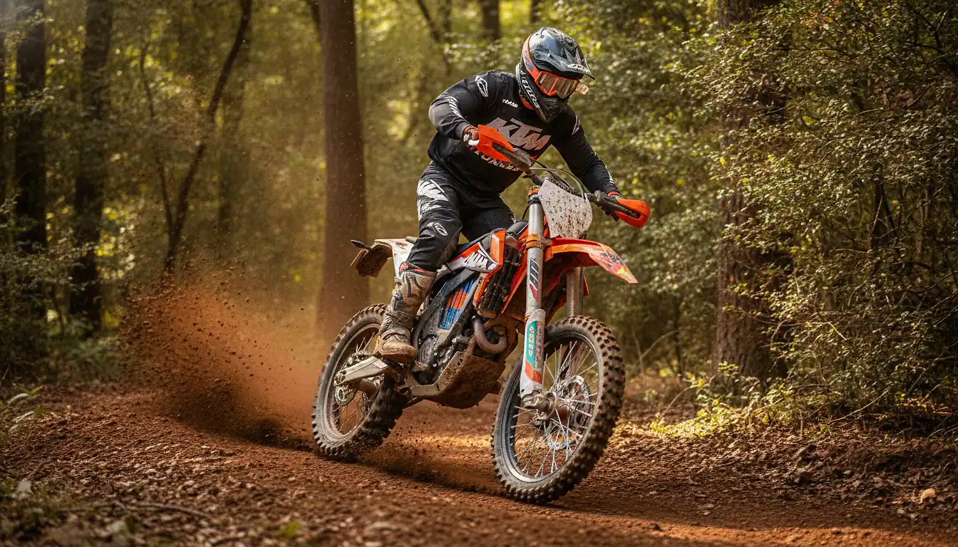 Pilote sur moto enduro électrique KTM Freeride E-XC en action sur piste trail en forêt, photographie réaliste lumière naturelle