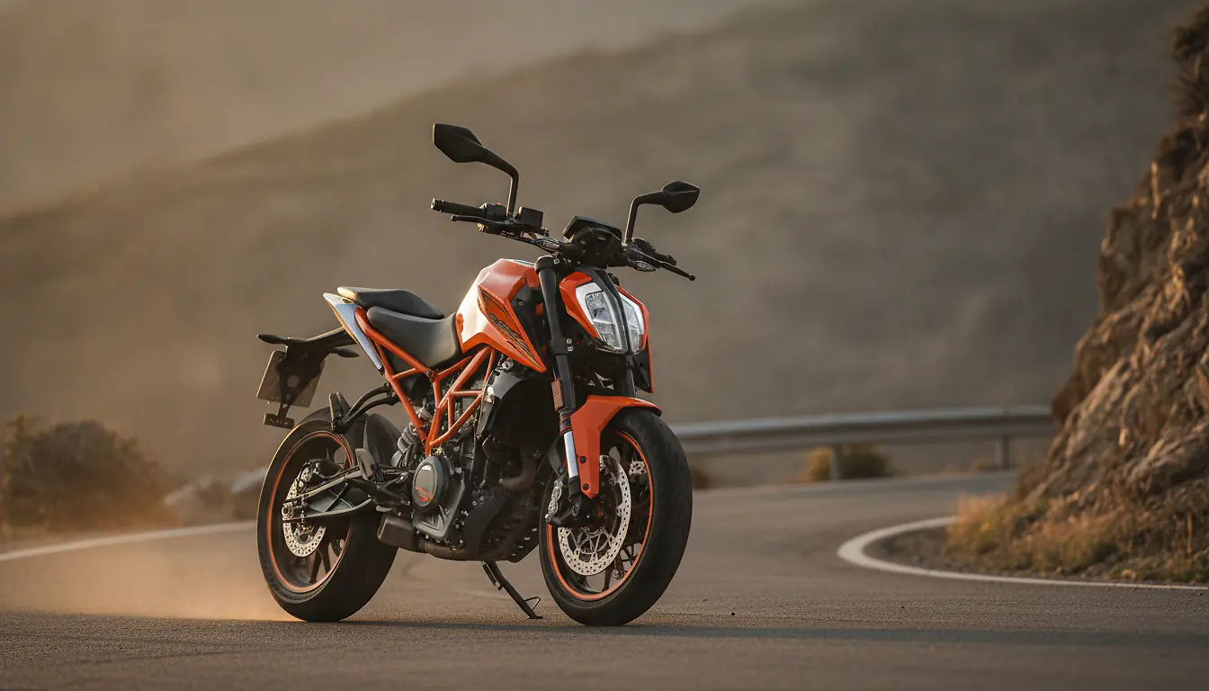 Moto KTM Duke orange sur route sinueuse de montagne, vue de trois-quarts avant, lumière dorée naturelle